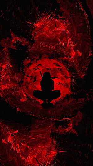 Silhouette of a Ninja Sitting Before a Giant Red Moon with Crows HD phone wallpaper