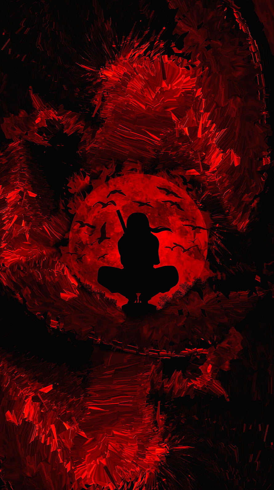 Silhouette of a Ninja Sitting Before a Giant Red Moon with Crows HD phone wallpaper