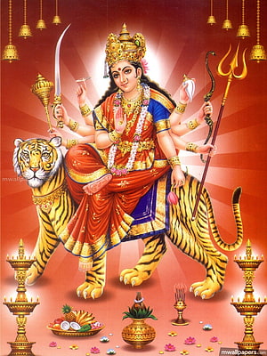 Goddess Durga Riding Tiger with Weapons and Trishul Hindu Deity Art HD phone wallpaper