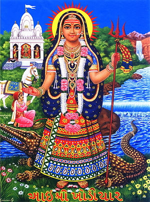 Maa Ambaji Hindu Goddess Artwork with Trishul, Crocodile, and Temple Background HD phone wallpaper