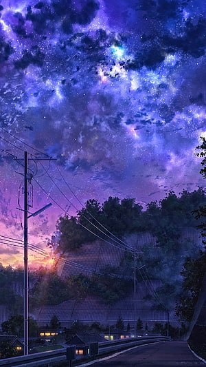 Starry Night Sky Over Rural Road With Power Lines And Houses HD phone wallpaper