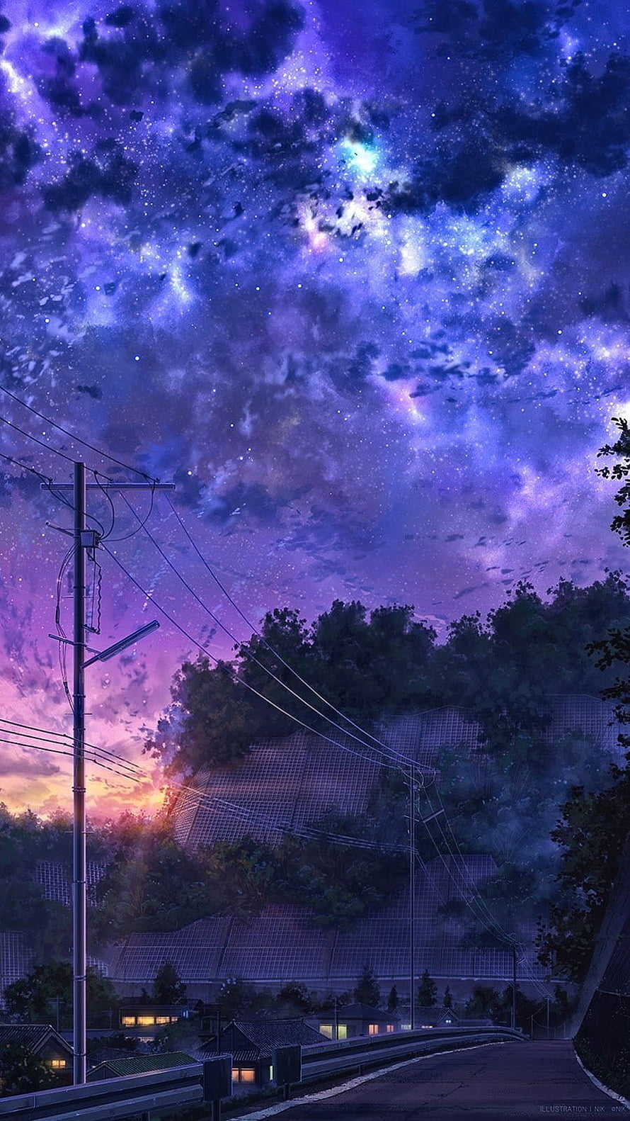 Starry Night Sky Over Rural Road With Power Lines And Houses HD phone wallpaper