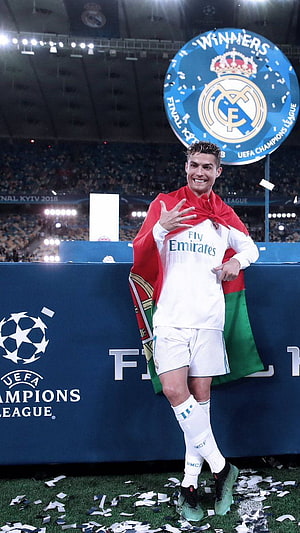 Cristiano Ronaldo Celebrates UEFA Champions League Victory with Portuguese Flag HD phone wallpaper