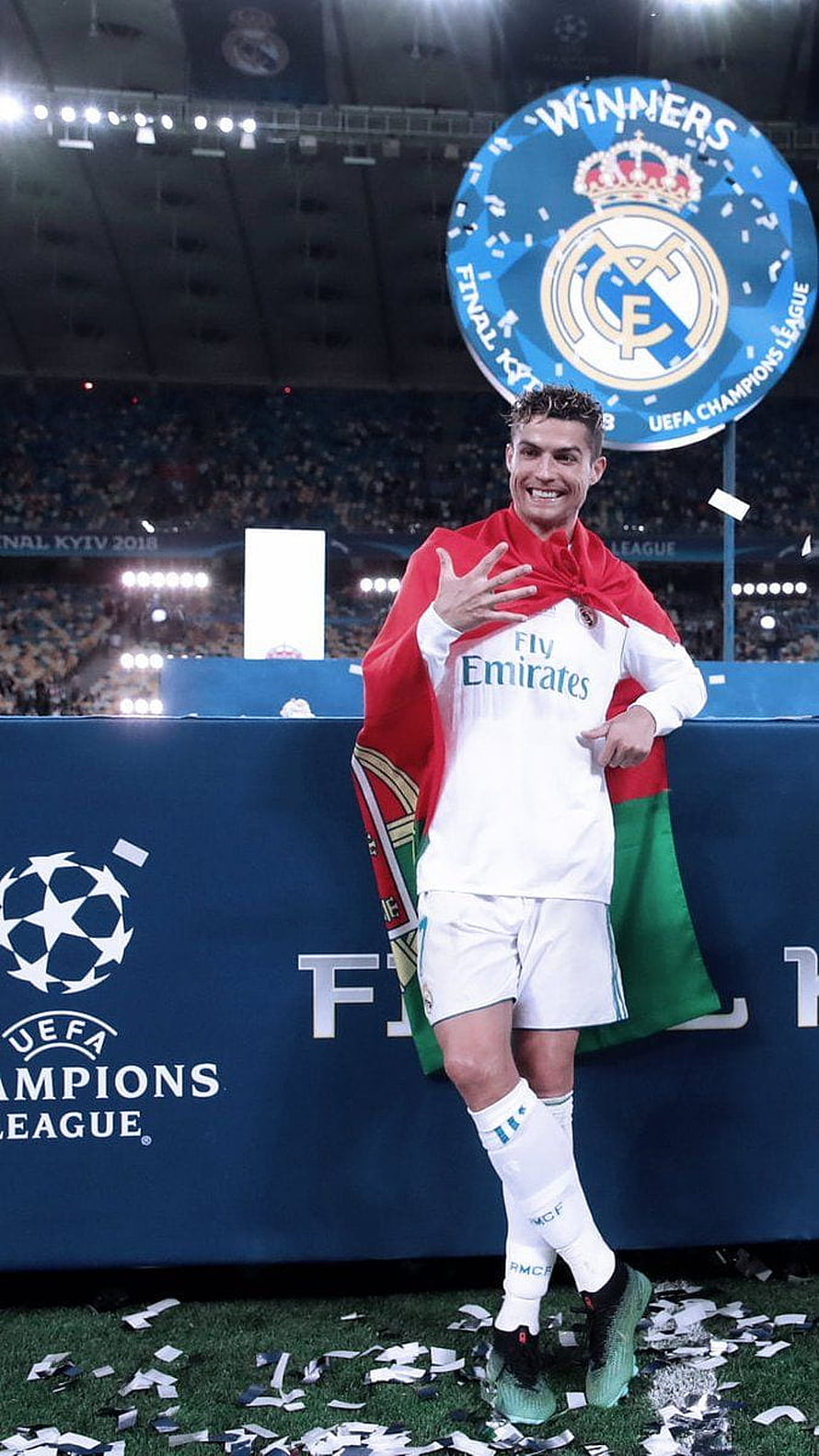 Cristiano Ronaldo Celebrates UEFA Champions League Victory with Portuguese Flag HD phone wallpaper