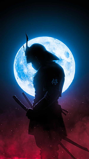Silhouette of a Samurai Warrior Standing Before a Giant Blue Moon with Red Mist HD phone wallpaper