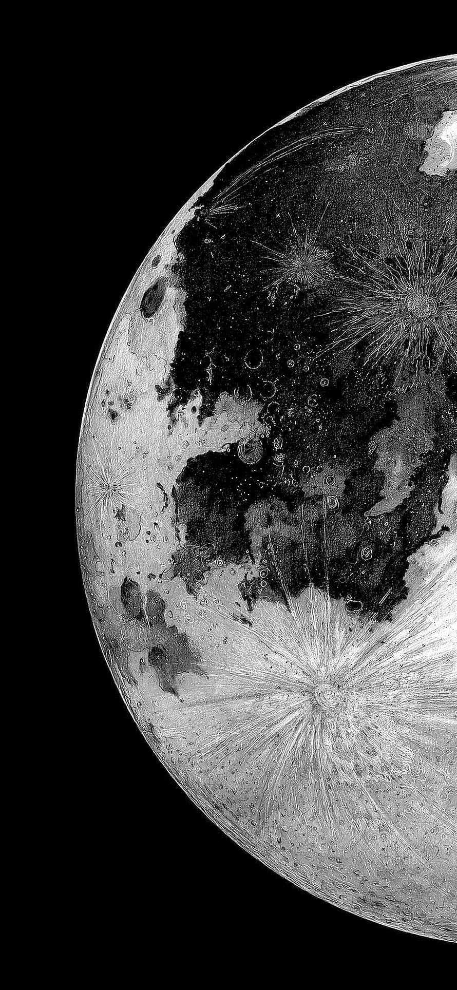 High Contrast Black and White Moon Surface Texture with Craters and Rays HD phone wallpaper