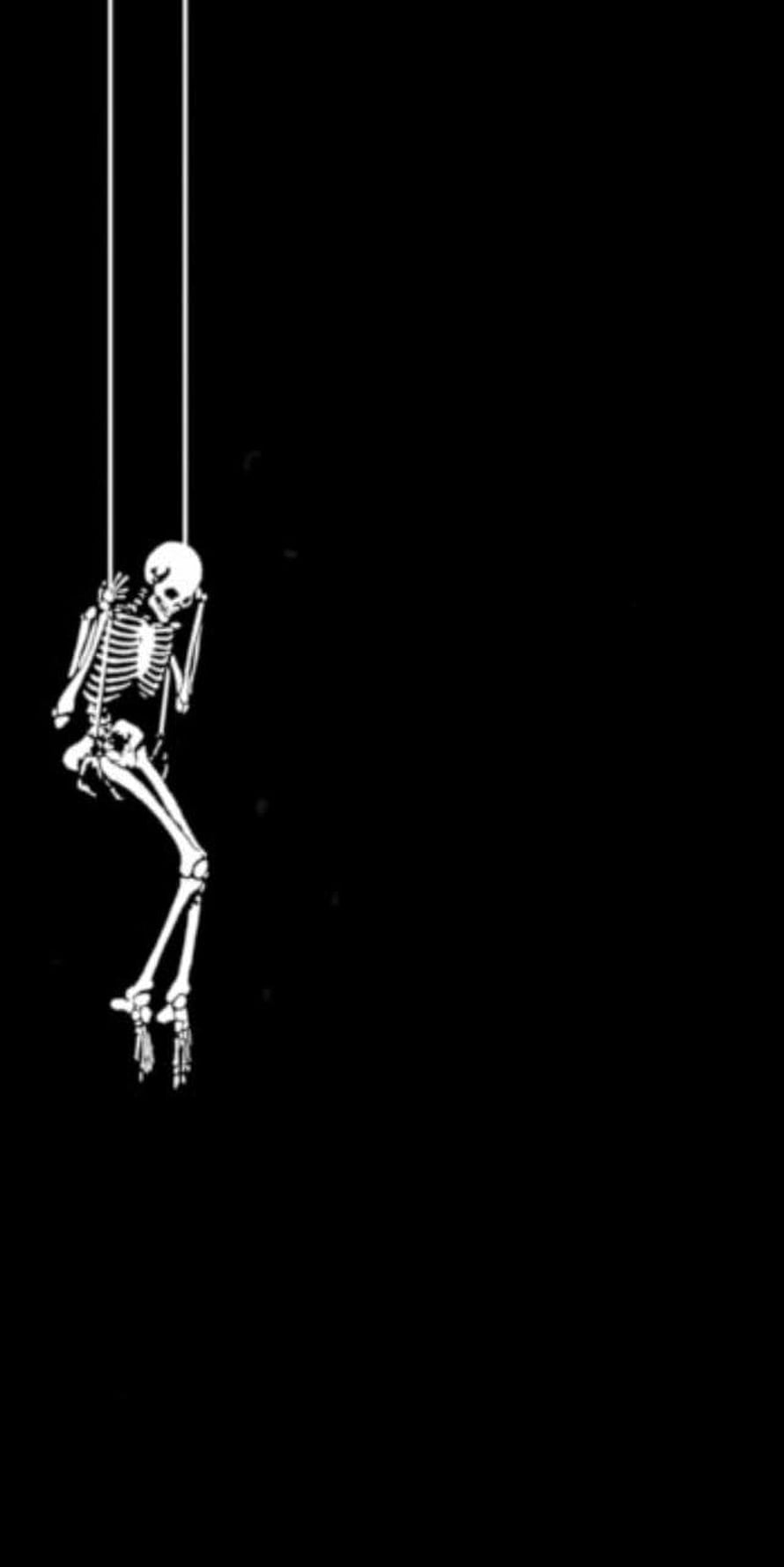 Skeleton Hanging From Ropes On Black Background HD phone wallpaper