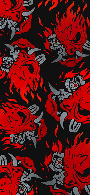 Red and Black Tribal Skull Pattern Wallpaper with Flames and Horns HD phone wallpaper