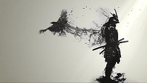 Silhouette of a Samurai Warrior Dissolving into Ink with a Flying Crow HD wallpaper