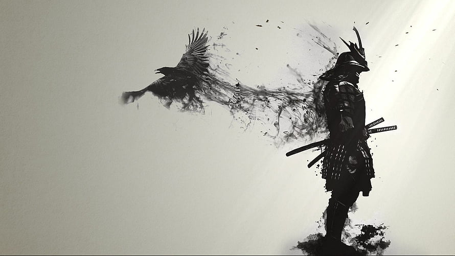 Silhouette of a Samurai Warrior Dissolving into Ink with a Flying Crow HD wallpaper