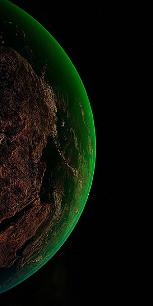 Green Planet Horizon in Deep Space with Dark Terrain and Atmospheric Glow HD phone wallpaper