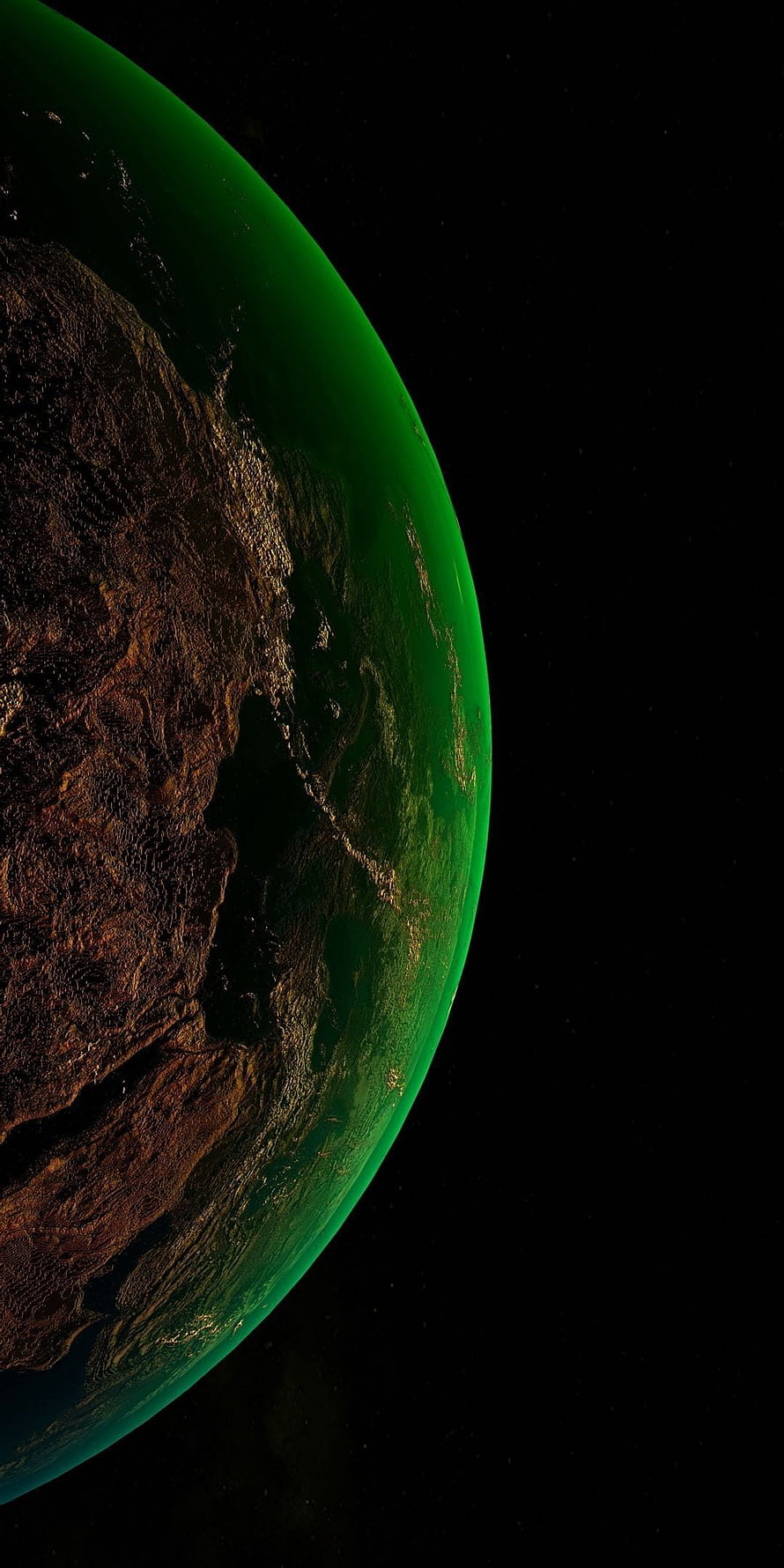 Green Planet Horizon in Deep Space with Dark Terrain and Atmospheric Glow HD phone wallpaper