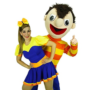Plim Plim and his sister in colorful costumes posing for a cheerful children's television show promotional photo HD phone wallpaper