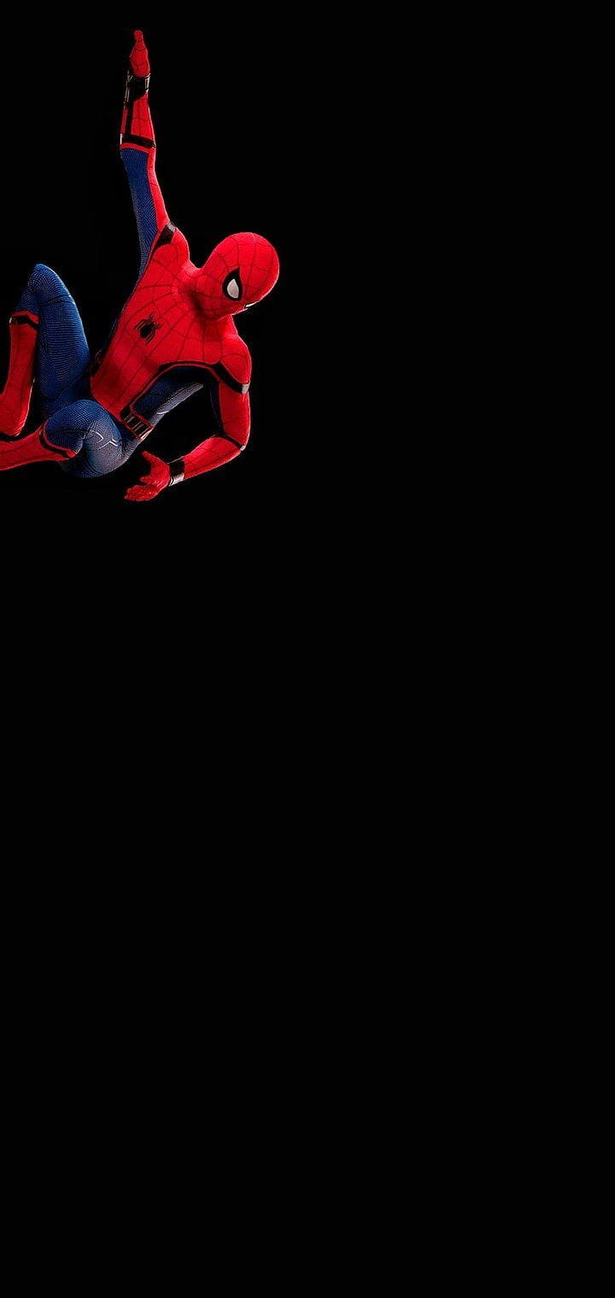 Spider-Man swinging through the air in a dynamic red and blue suit against a black background, OnePlus Nord, dual punch hole HD phone wallpaper
