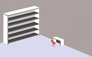 Minimalist Isometric Office Room With Empty Bookshelf And Red Chair HD wallpaper