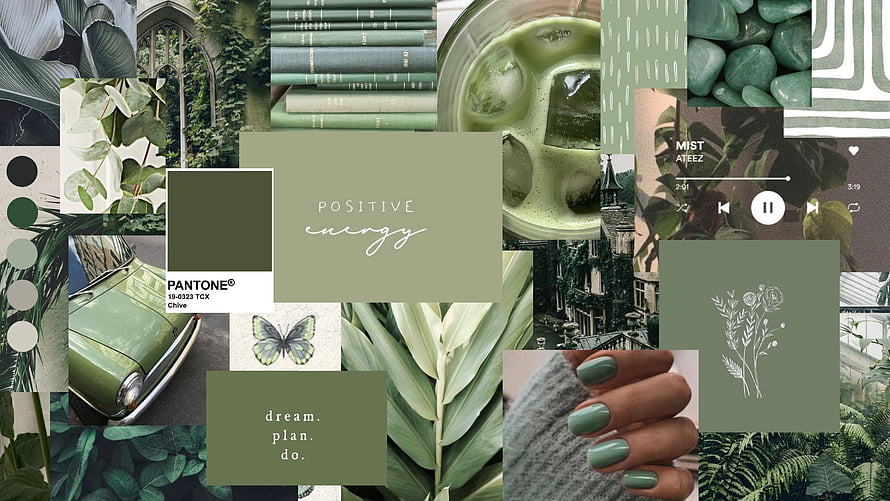 Sage Green Aesthetic Mood Board with Botanicals, Vintage Car, and Pantone Color Palette HD wallpaper