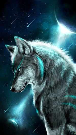 Mystical Wolf Portrait with Glowing Cyan Accents Against a Cosmic Starfield Background HD phone wallpaper