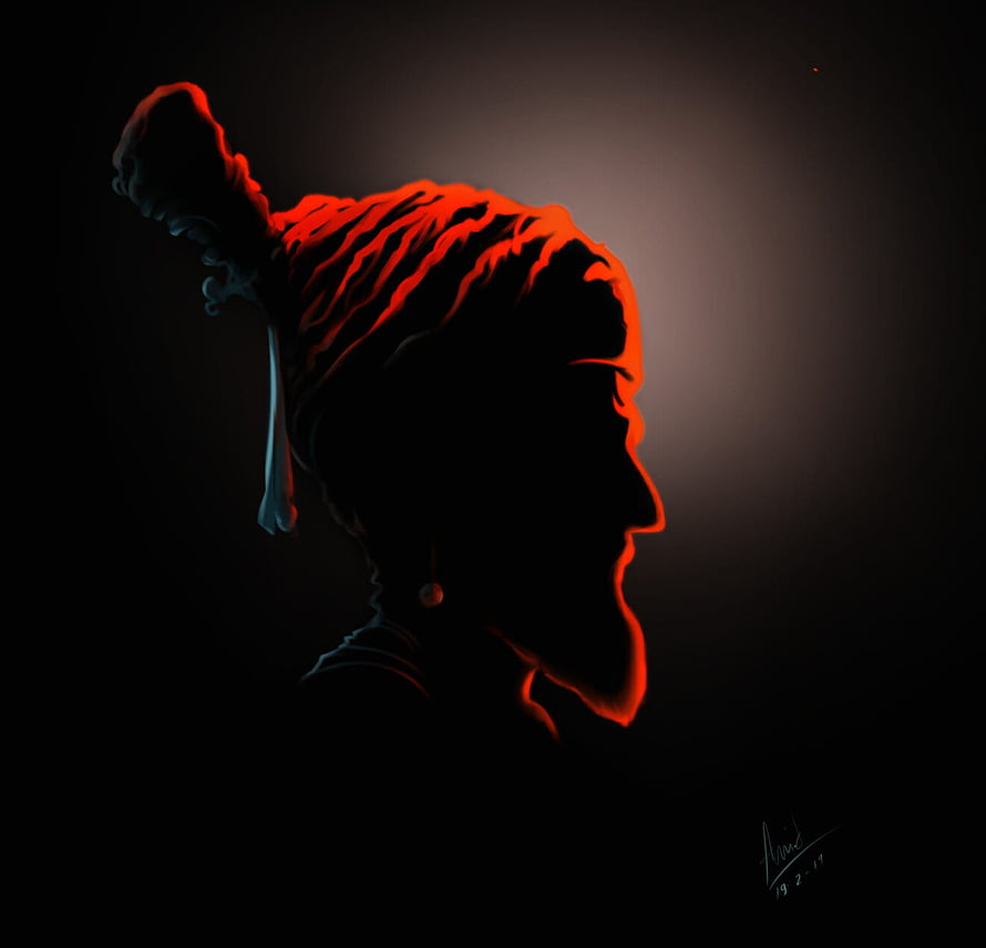 Dramatic Red Rim-Lit Silhouette of Chhatrapati Shivaji Maharaj in Profile HD wallpaper