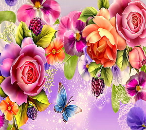 Vibrant Digital Floral Arrangement Featuring Roses, Pansies, and a Blue Butterfly on a Sparkling Purple Background HD wallpaper