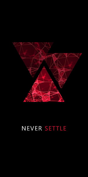 OnePlus Never Settle Logo with Red Geometric Triangles on Black Background HD phone wallpaper