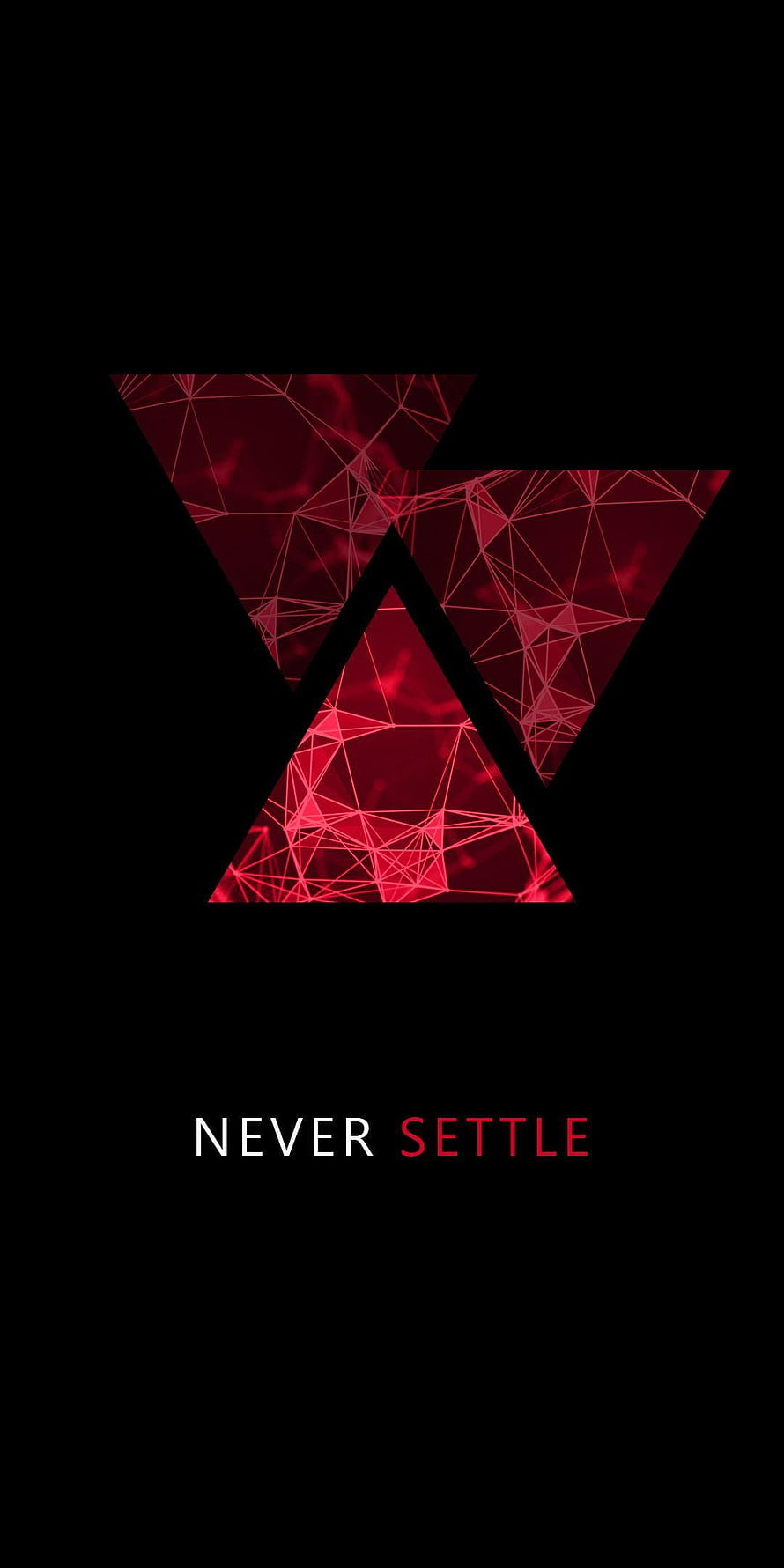 OnePlus Never Settle Logo with Red Geometric Triangles on Black Background HD phone wallpaper