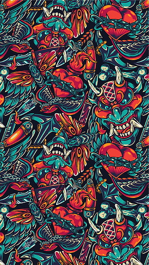 Vibrant Yakuza Tattoo Pattern with Oni Masks and Ornamental Motifs HD phone wallpaper