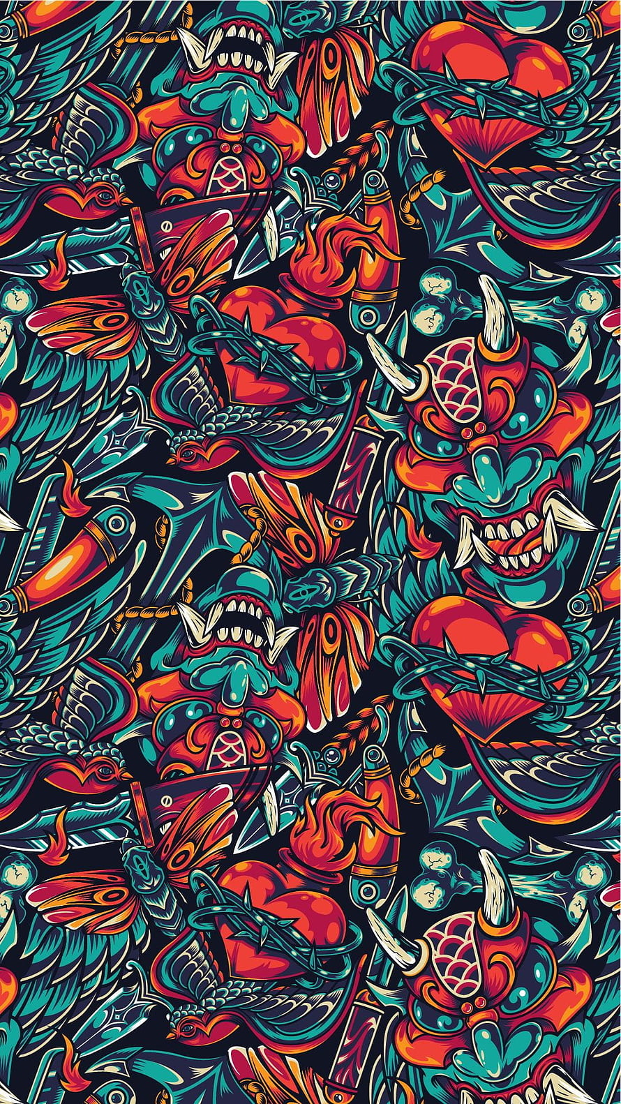 Vibrant Yakuza Tattoo Pattern with Oni Masks and Ornamental Motifs HD phone wallpaper