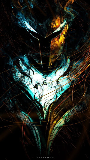 Solo Leveling Character Portrait with Glowing Cyan and Gold Abstract Brushstrokes HD phone wallpaper