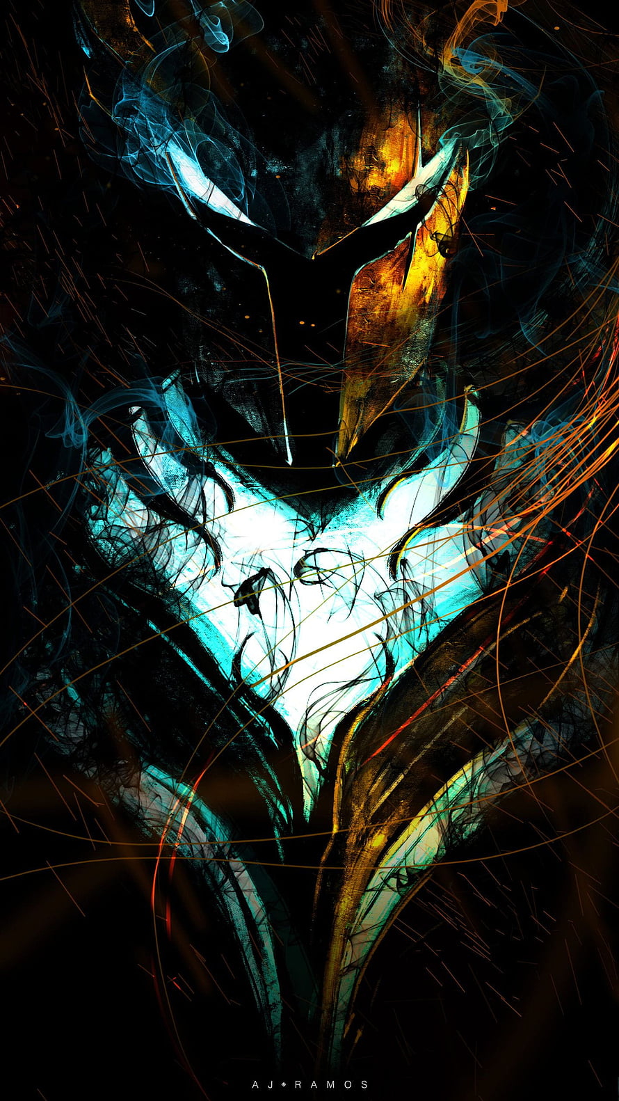 Solo Leveling Character Portrait with Glowing Cyan and Gold Abstract Brushstrokes HD phone wallpaper