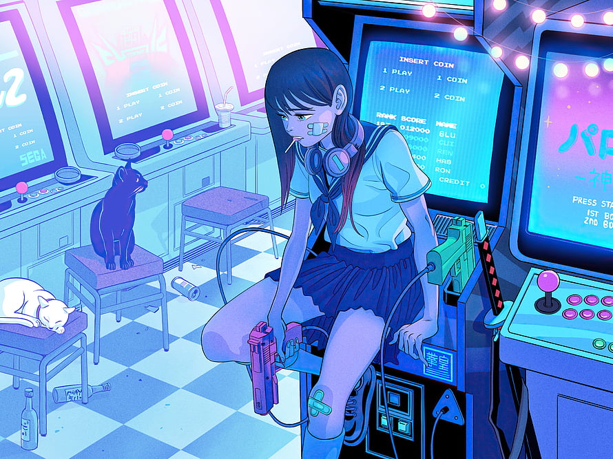 Sad Anime Girl in School Uniform Playing Retro Arcade Shooter with Cats HD wallpaper