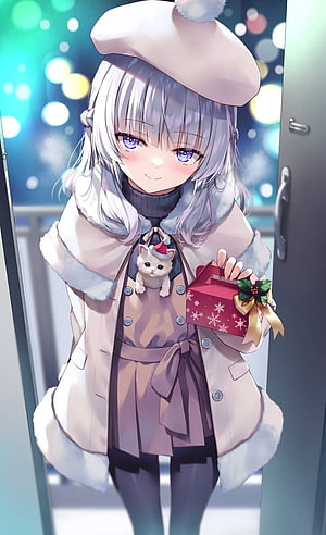 Sakayanagi Arisu in Winter Coat Holding Gift Box with Small Cat HD phone wallpaper