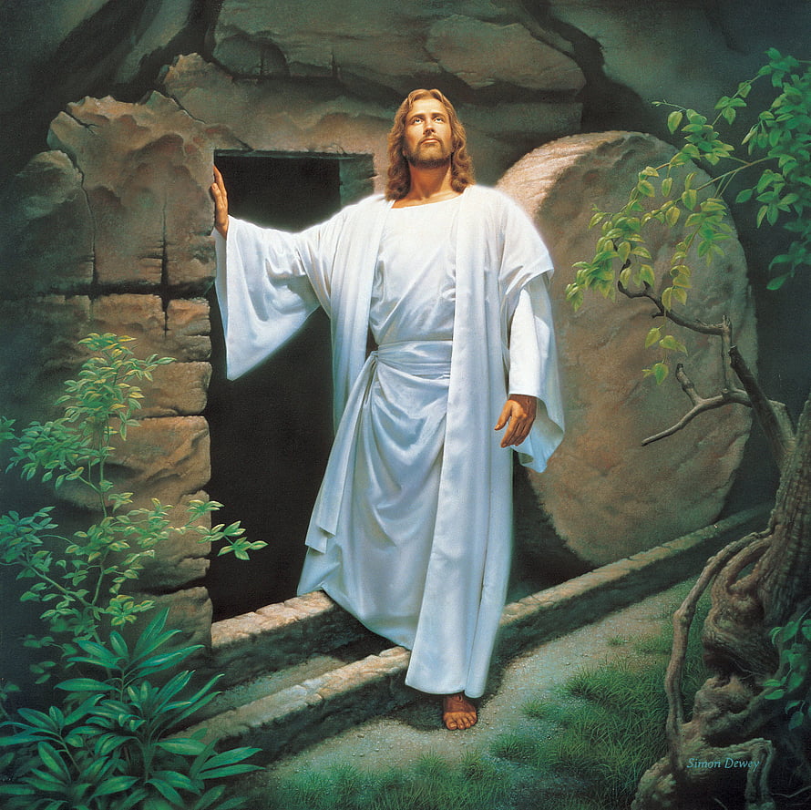 Jesus Christ Standing at the Tomb Entrance in White Robes HD wallpaper