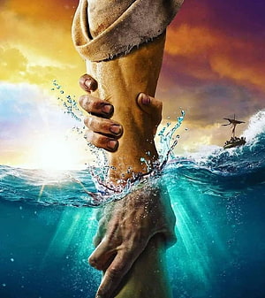 Divine Hand Pulling Person From Stormy Sea With Ark In Background HD phone wallpaper
