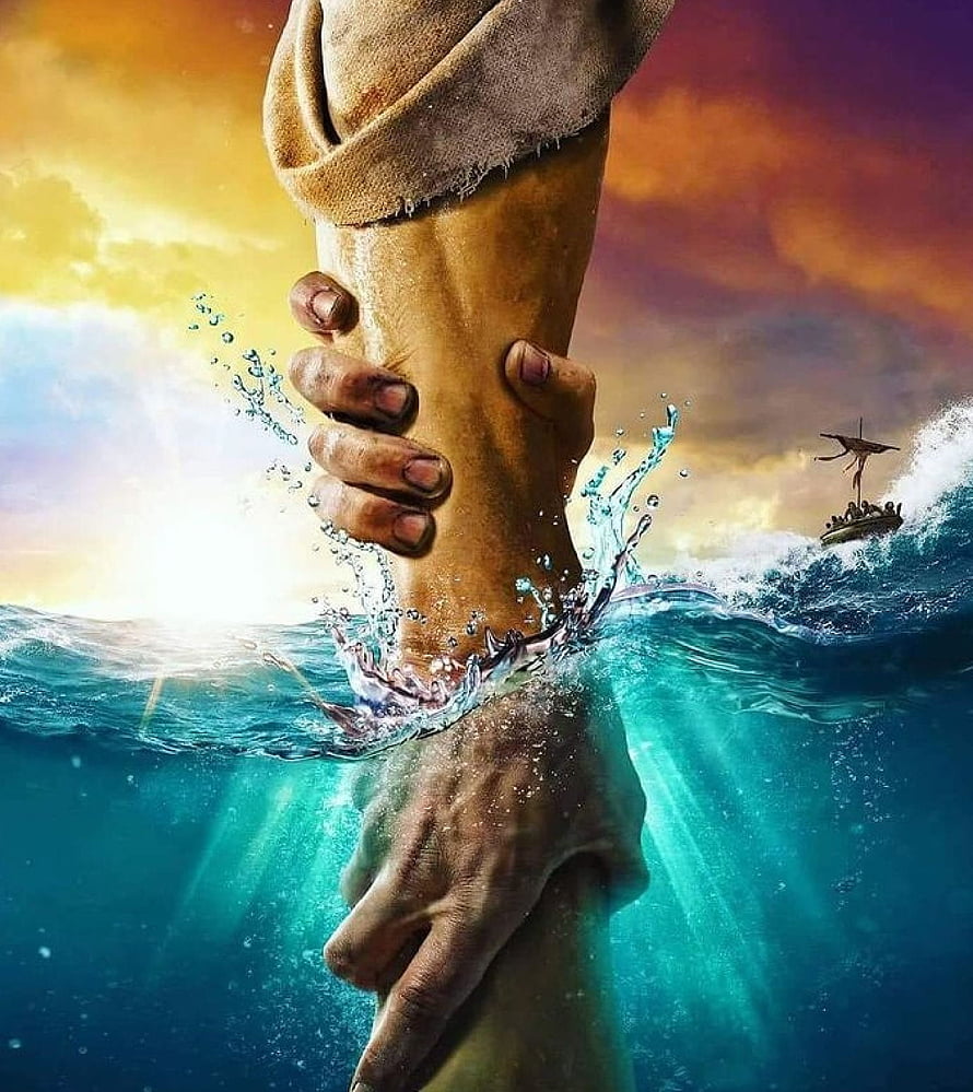 Divine Hand Pulling Person From Stormy Sea With Ark In Background HD phone wallpaper