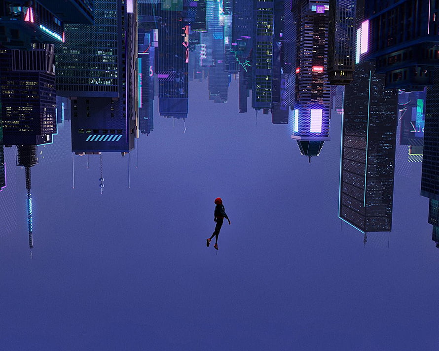Spider-Man Floating in Upside-Down Neon Cyberpunk Cityscape, Into the spider verse :, leap of faith HD wallpaper