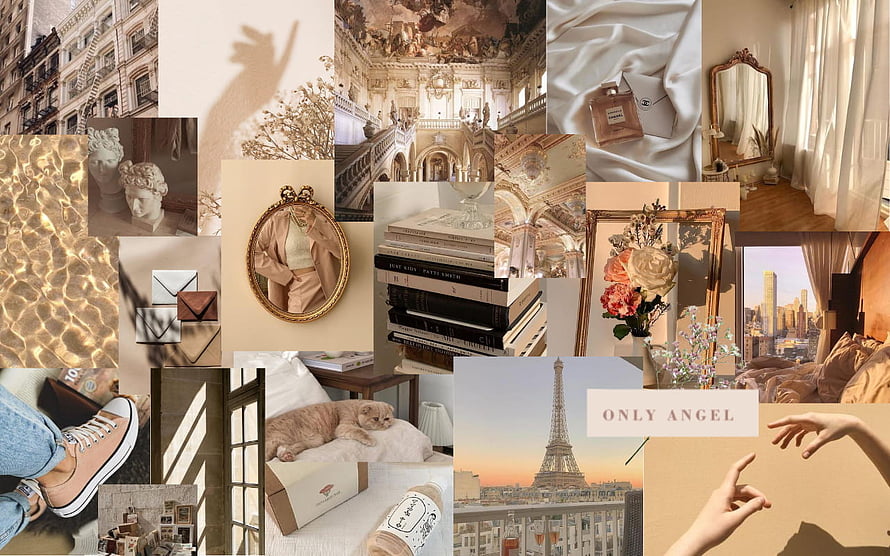 Beige Aesthetic Mood Board with Parisian Landmarks, Vintage Interiors, and Soft Neutral Tones HD wallpaper