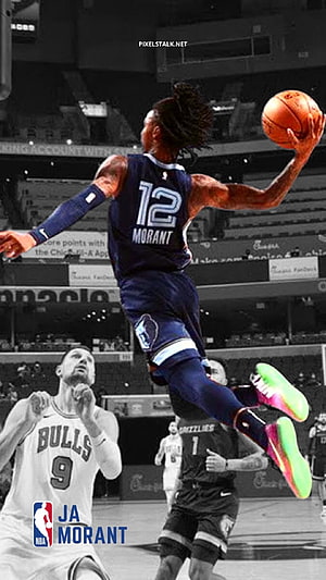 Ja Morant Mid-Air Dunk Action Shot in Memphis Grizzlies Uniform HD phone wallpaper