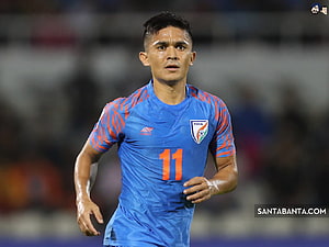 Sunil Chhetri in India National Team Blue Jersey Number 11 on the Soccer Pitch HD wallpaper