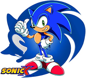 Sonic X Anime Character Artwork - Blue Hedgehog Hero Posing with Logo HD wallpaper