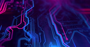 Neon Circuit Board Traces with Blue and Pink Glow on Dark Background HD wallpaper