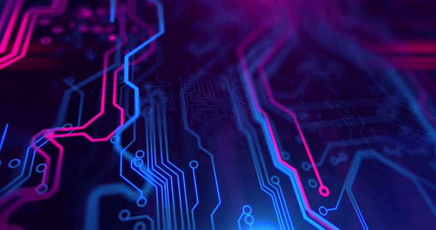 Neon Circuit Board Traces with Blue and Pink Glow on Dark Background HD wallpaper