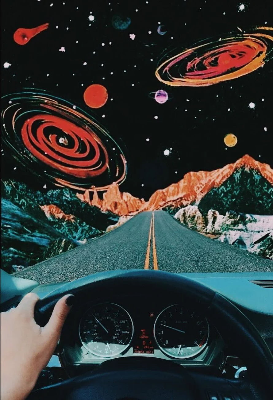 Retro Trippy Road Trip Through a Surreal Cosmic Desert Landscape HD phone wallpaper