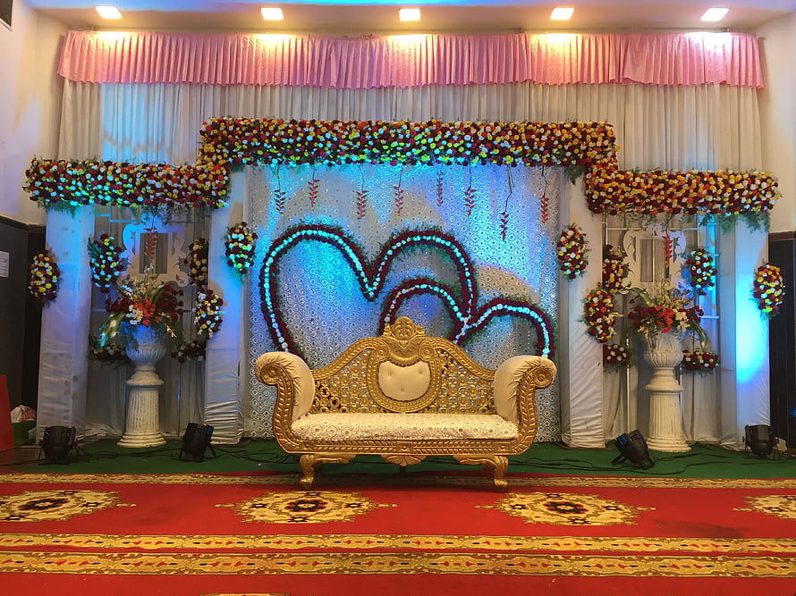 Elegant Wedding Stage Decor With Golden Sofa And Floral Heart Backdrop HD wallpaper