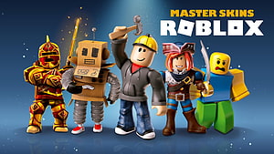 Roblox Master Skins Collection Featuring Warrior, Robot, Builder, Pirate, and Noob Avatars HD wallpaper