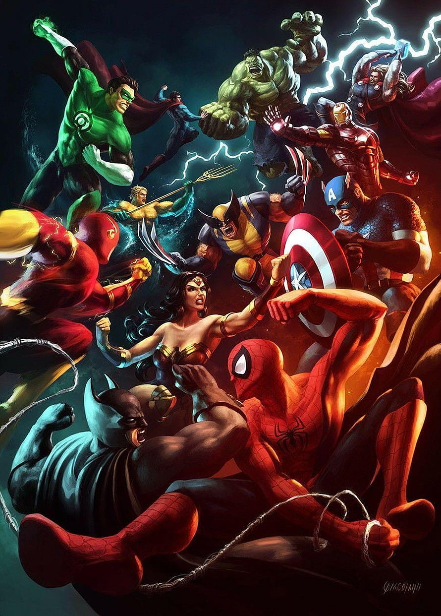 Marvel and DC Superheroes Epic Crossover Battle Illustration HD phone wallpaper