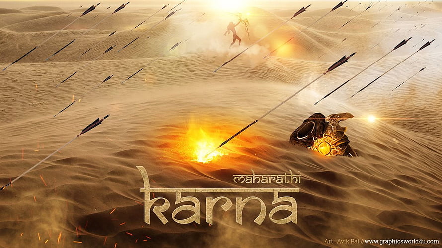 Maharathi Karna Epic Desert Battle Scene with Arrows and Fire HD wallpaper