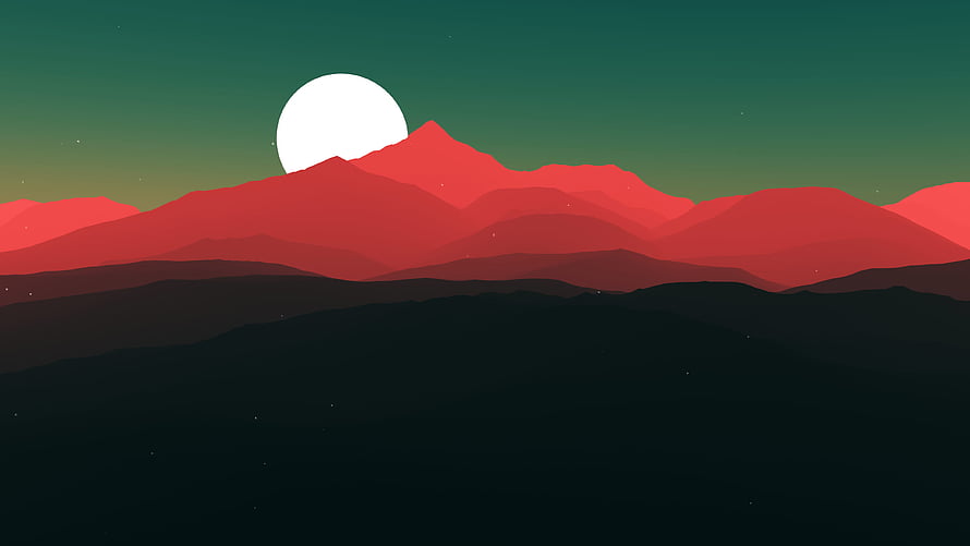 Minimalist Flat Design Mountain Landscape with Full Moon and Deep Green Sky HD wallpaper