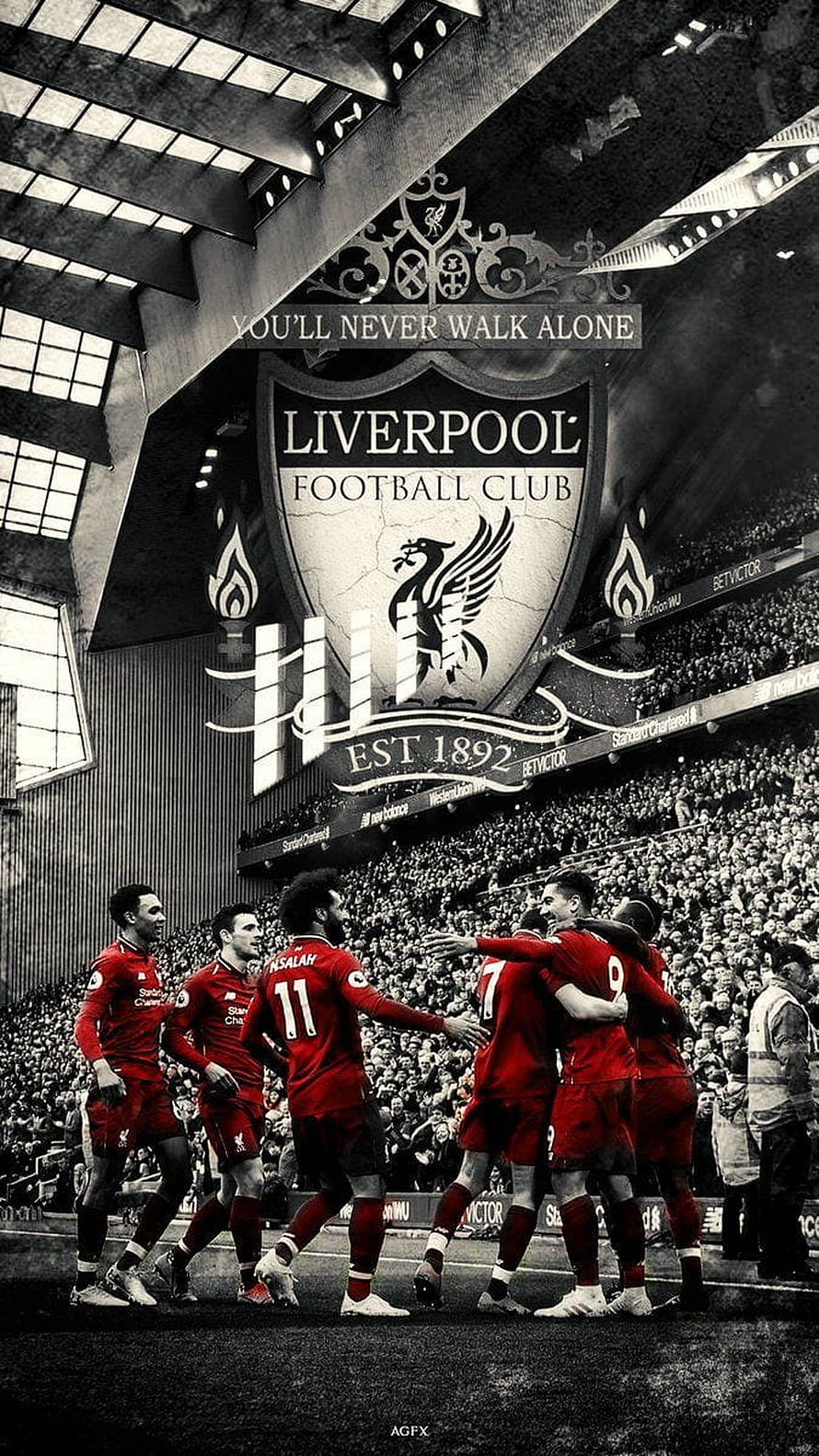 Liverpool FC Players Celebrating in Front of the Anfield Crest and You'll Never Walk Alone Banner HD phone wallpaper