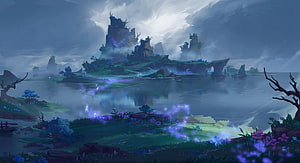 Mystical Floating Island Landscape With Glowing Purple Flora And Misty Waters HD wallpaper