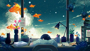 Dreamy Anime Girl Sleeping at Desk with Goldfish in Sky HD wallpaper
